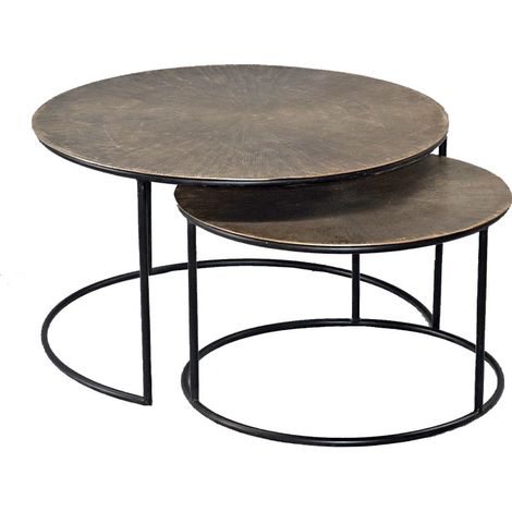 Ensemble de 2 tables basses gigognes en aluminium doré et métal noir – Dimensions 76x45cm et 56x36cm – Style Art Déco et Industriel Chic – La Grande Prairie (1/2)