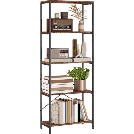 Étagère à livres, 5 tablettes, métal, surface en mélamine, marron pour rangement de livres, documents et objets décoratifs idéal pour salon, chambre à coucher ou bureau (1/5)