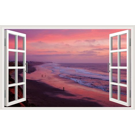 Sticker mural 3D paysage 43,5 x 70 cm, sticker mural coucher de soleil en bord de mer, adapté au salon, à la salle de bain et à la chambre (1/3)