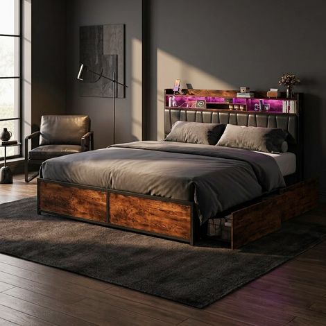 Lit Double 180x200 cm Cadre de Lit Industriel avec LED Prises USB et 4 Tiroirs de Rangement Adulte Métal Bois Marron Rustique (1/5)
