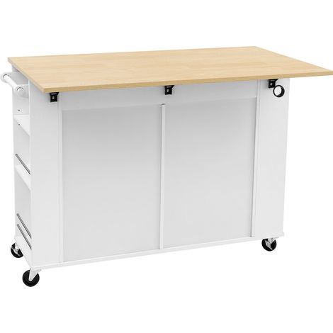 Îlot de cuisine mobile avec table extensible, espace poubelle et porte-serviettes, équipé de prises électriques, blanc (1/5)