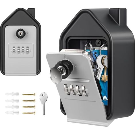 Boite a Clef Grande Boite a Clefs Securisee Exterieur avec 4 Code Clés d'urgence Boîte à Clés Murale en Alliage D'aluminium pour Garage Domicile Gris (1/5)