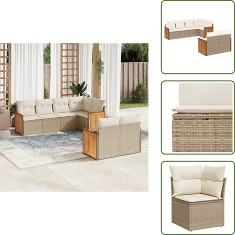 7-tlg. Garten-Sofagarnitur mit Kissen Beige Poly Rattan - Gartenmöbel - Rattan Möbel - Lounge Set - Gartenlounge - Esszimmerset (1/5)
