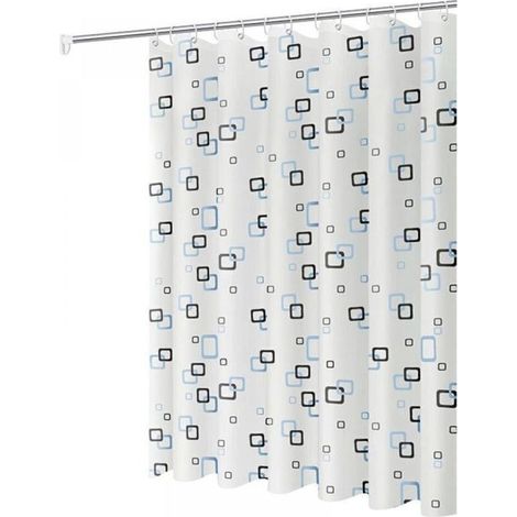 Rideau de douche anti-moisissures, 200 x 180 cm, avec anneaux de suspension, antibactérien, sans lavage,fond blanc à carreaux bleus.