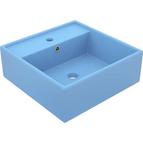 Lavabo de luxe avec trop-plein, carré, bleu clair mat, 41 x 41 cm