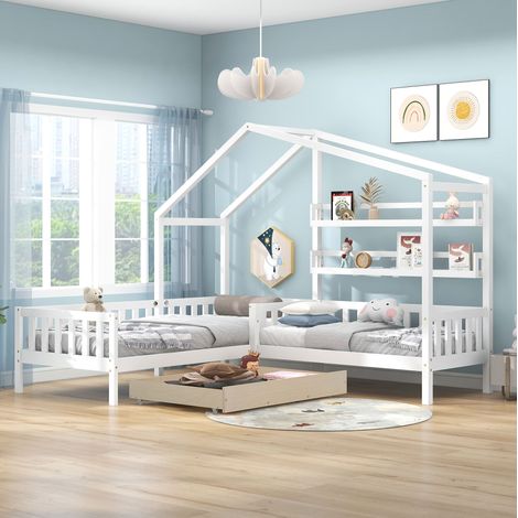 DESVIAE Lit enfant cabane en L avec tiroirs étagères barrière et sommier blanc 90x200 cm 140x70 cm (1/5)