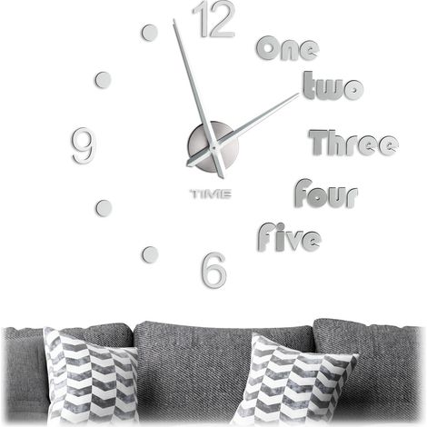 Relaxdays Wanduhr DIY, mit Zahlen & Worten, Uhr Wandtattoo zum Aufkleben, Größe variabel, moderne 3D Wanduhr, silber