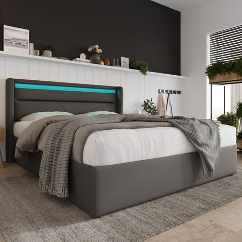Lit coffre PU gris 140x200 cm avec LED intégrée, sommier à lattes relevable (1/5)