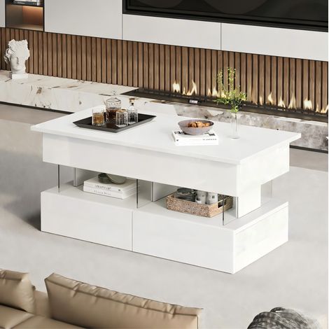 Mesa de centro elevable 100x50x46 cm de MDF blanco, con almacenaje, LED FloraGrace (1/5)