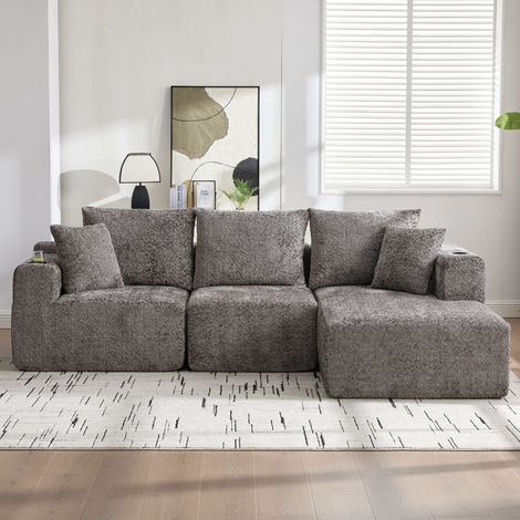 Divano angolare modulare compresso da 102'', grigio senza struttura rigida con portabicchieri, a forma di L con seduta profonda, non richiede montaggio – Dimensioni: 261×165×80,5 cm