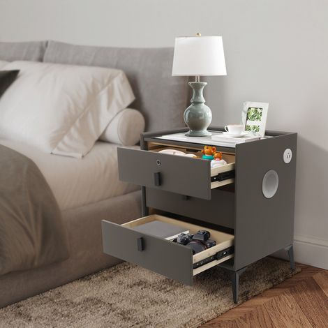 Modern Smart Bedside Table with Tri-colour LED Ambient Light & Fingerprint Lock