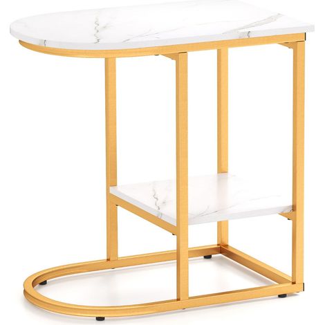 Mesa auxiliar C en imitación mármol 60 x 40 x 60 cm doble funcionalidad diseño moderno en metal blanco 200013860