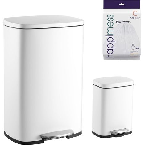 Mini poubelle en acier à pédale Fermeture du couvercle en douceur, Poubelle pour Maison, Bureau, Cuisine, Grand : 50 L, Petit : 5 L, Blanc (1/5)