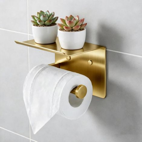 1 - Porte-Rouleau - Étagère Salle De Bain - Acier Inoxydable Antirouille Avec Support Téléphone - Fixation Adhésive Ou À Visser - Doré - 25x12cm