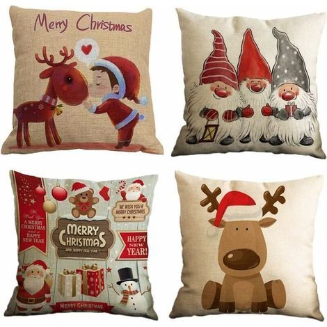 Kissenbezug-Set, 4-teilig, aus Baumwolle und Leinen, mit Weihnachtsmotiven wie Rentier, Weihnachtsmann, Schneemann und Zwerg, quadratischer Kissenbezug für Bett, Auto, Zuhause und Sofa, 45 x 45 cm (1/5)
