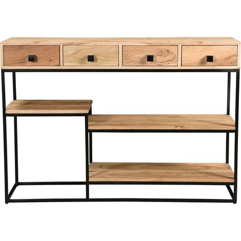 Console industrielle avec rangements 4 tiroirs en bois massif et métal noir L115 cm GRENELLE (1/5)