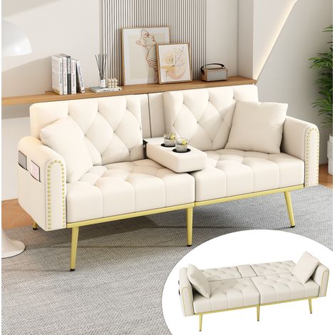 Doppelt ausklappbares Schlafsofa mit Liegefunktion, drei verstellbaren Neigungswinkeln und Getränkehalter. Geeignet für Wohnzimmer, Schlafzimmer, Heimkino oder Gästezimmer. Stoffbezug. Beige. (1/5)