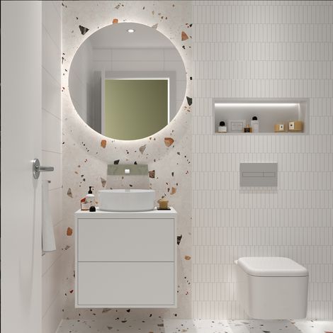 Meuble de salle de bain suspendu 60 cm en bois blanc mat avec vasque à poser - Olympus - 60 cm Avec colonne miroir et lampe LED - Accessorio: Con colonna - Misura: 60 cm