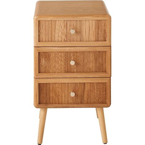 Calicosy – Chevet 3 tiroirs en MDF avec placage bois véritable – Façades lamellées – H71 cm – Poignées boutons métal doré – Pieds en pin véritable (1/5)