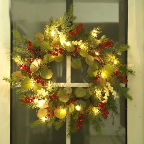 Couronne de Noël neuve avec baies rouges et feuilles artificielles, en tissu PE, à suspendre au mur, illuminée, à décorer pour la porte, environ 55 cm de diamètre. (1/2)