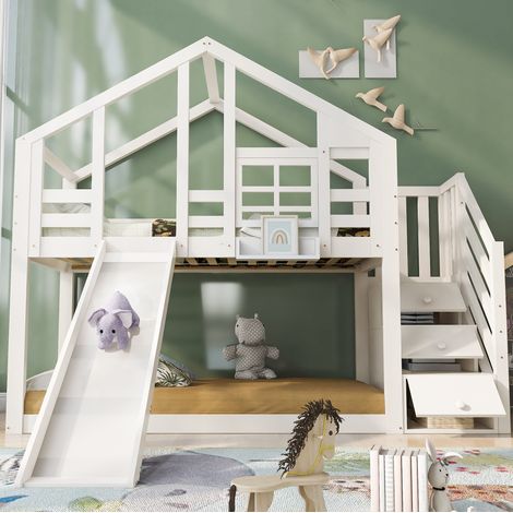 MODFU – Letto a castello cabina 90x200 cm con scivolo, scala contenitore e struttura in legno – Bianco (1/5)