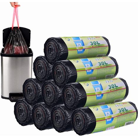 200 PCS Sacs Poubelle 30L avec Poignée Coulissants, Anti-Fuite Ultra Résistant Lot de 10 rouleaux Sac Poubelle Rectangulaire 30 litres Taille Large 62 x 54 cm Noir (1/5)