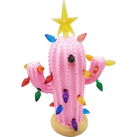 Ortviai Cactus de Noël en Résine avec Lumières Décoratif Vintage pour Table – 22 x 7,5 cm, Rose (1/5)