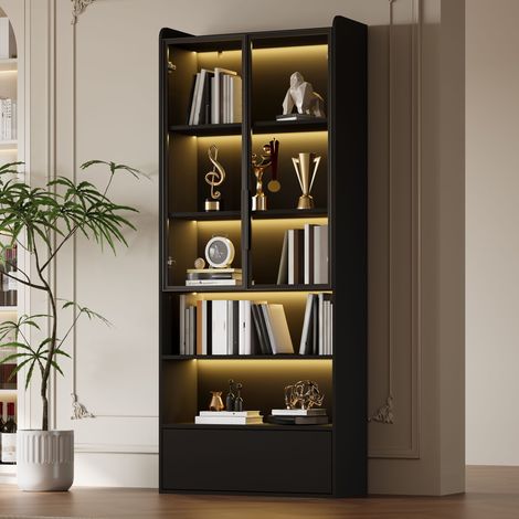 Vitrine LED 80 x 34 x 180 cm avec portes vitrées, niche ouverte et 1 tiroir, meuble de rangement pour salon, noir