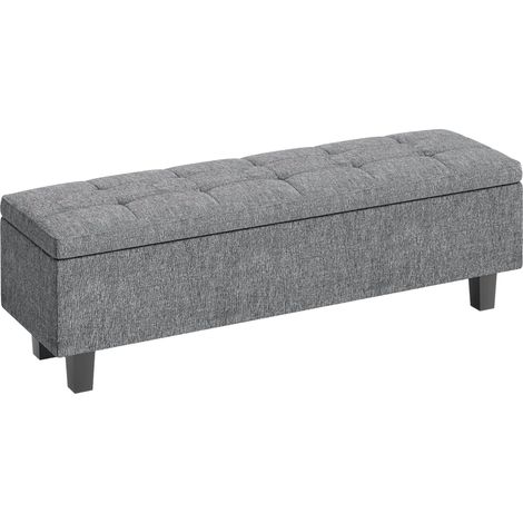 Banco baúl tapizado en lino gris oscuro con patas de madera, 138 x 40 x 45 cm (1/5)