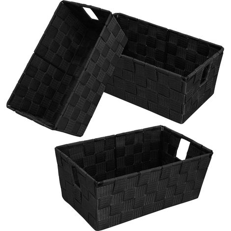 Lot de 3 paniers de rangement tissés avec poignées intégrées pour chambre à coucher, bureau, placard et chambre d'enfant, durables, noir, 29 x 16,5 x 11,4 cm (1/5)