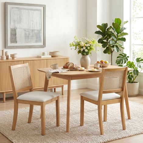 Lot de 2 chaises de salle à manger, chaises de cuisine avec assise rembourrée, dossier effet rotin, crème et chêne (1/5)