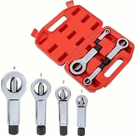 Set mit 4 robusten Mutternsprengern aus Metall – Werkzeug für abgebrochene und korrodierte Schrauben und Muttern – mit Aufbewahrungskoffer für Handwerker und Heimwerker (1/4)