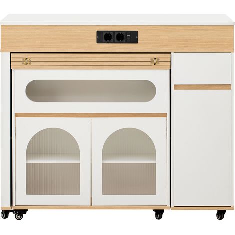 Isola cucina con ruote estraibile con prese, vetro rigato e 1 cassetto, bianco naturale (1/5)