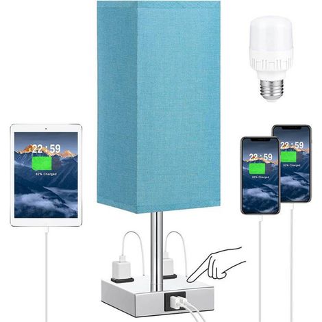 Lampe de chevet tissu abat-jour ouvert base fer lampe tactile LED 3 niveaux dimmable 2 prises USB A+C 2 sockets (1/2)