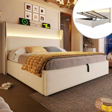 MEUBLIV Cadre de lit 140x200 cm beige – tête de lit haute, LED, USB/Type-C, sans matelas (1/5)