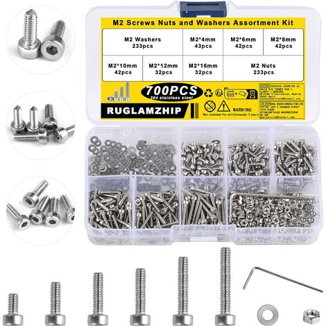 700 Pièces M2 Acier Inoxydable Set De Vis Avec écrous Hexagonaux Et Rondelles, Tête Cylindrique Six Pans Creux, Polyvalent Pour Réparation, Maquettisme Et Bricolage. (1/5)