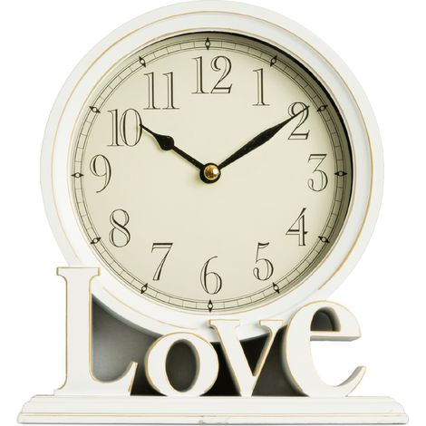 Orologio da Tavolo Decorativo Love in Legno MDF Bianco 20,5x18 cm Design Shabby Chic Vintage per Soggiorno Camera da Letto e Ingresso (1/4)