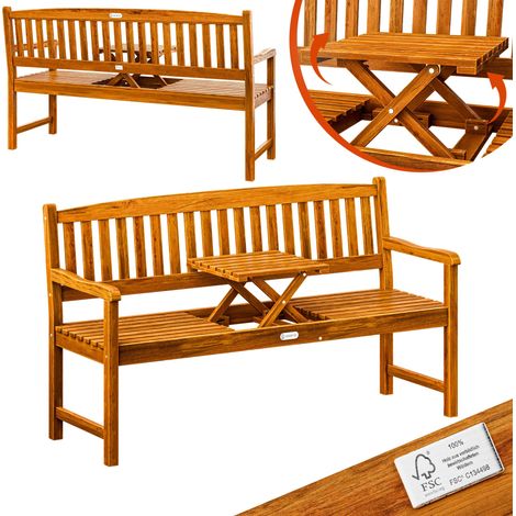 CASARIA® Banco de Jardín Madera de Eucalípto Cert. FSC Barnizada Opción de Mesita Plegable Exteriores o Interiores Carga 320Kg Terraza Jardín Patio (1/8)