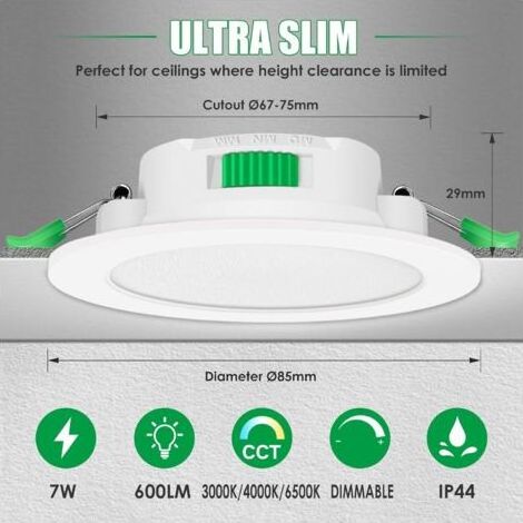 LaBlanc - Spot LED Encastrable Dimmable 230V 7W Spot Plafond 3000K 4000K 6500K Étanche IP44 Réglable Plafonnier Encastré pour Salle de Bain, Salon, Lot de 6, Rond, Blanc (1/5)