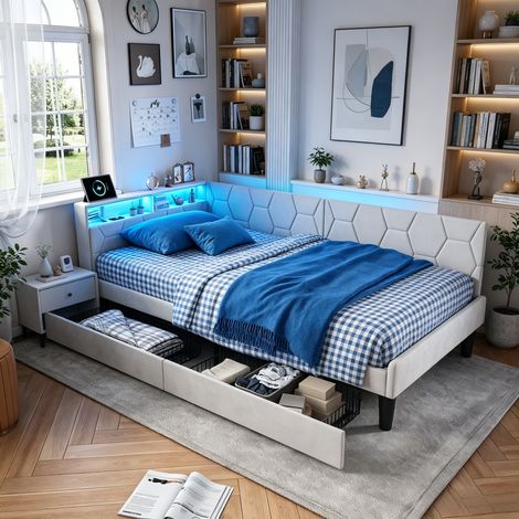 JOOKGBD-Polsterbett Schlafsofa 90x200cm mit LED-Beleuchtung und Stauraum,Jugendbett mit USB-Ladefunktion & schubladen,Kinderbett mit Lattenrost,Samt,für Wohnzimmer,Schlafzimmer,ohne Matratze,Beige