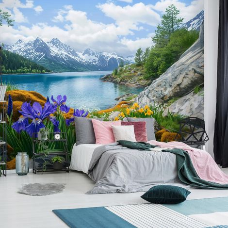 Vlies Fototapete Gebirge Berge 400x280 cm, Tapeten, für Wohn und Schlafzimmer, Vliestapete Wandtapete Tapete 3D Effekt- inkl. Kleister - Landschaft Natur Blumen, WallArena