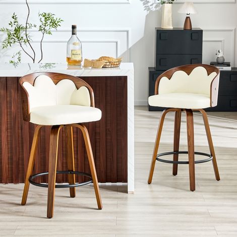 Ensemble de 2 tabourets de bar avec dossier fleuri, bois courbé, similicuir, repose-pieds en métal, style moderne (1/5)