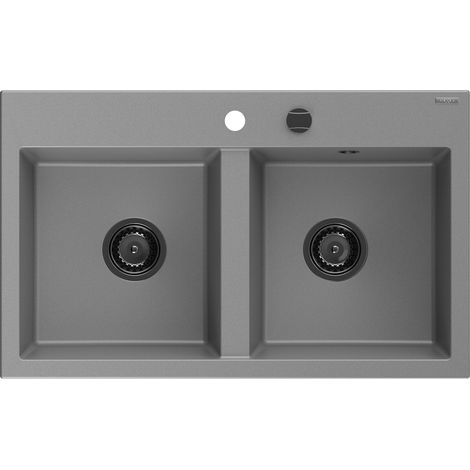 Mexen Hektor Granitspüle 2-Becken 800 x 480 mm, grau, schwarzer Siphon - 6521802000-71-B (1/5)