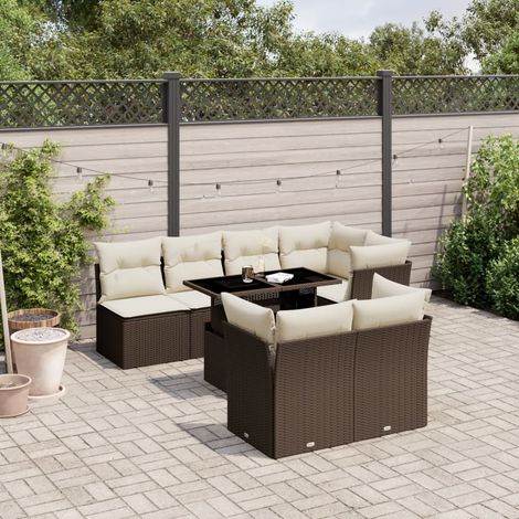 [Ensemble salon de jardin] + [Salon contemporain] + [Jardin extérieur] + [résine tressée]  8 pièces marron et crème avec coussins amovibles  Table réglable verre trempé  4 sièges d'angle, 3 centraux (1/4)