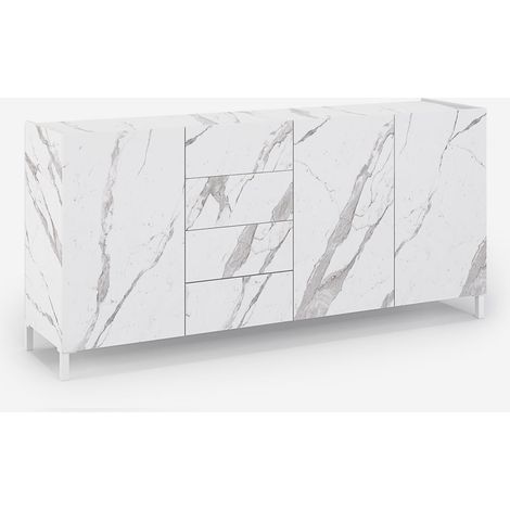 Alvea Wohnzimmer Sideboard mit Marmor-Optik Antikratzfronten und Schubladen - Weiß - Calacatta-Marmor
