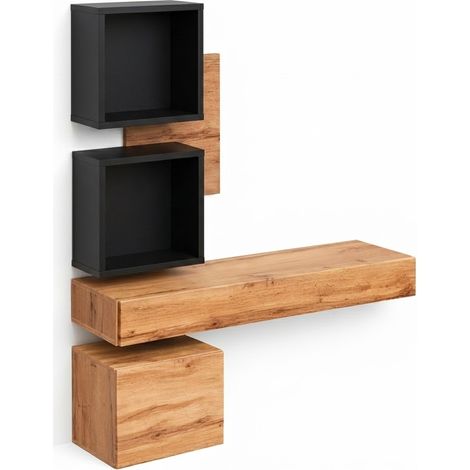 Mobile Ingresso Moderno Con Pensili A Giorno Mensole Sospese Con Cassetto E Anta Salvaspazio Design Nordico Set Completo Per Ingresso Corridoio Zona Living 100 x 170 x 30 Cm Nero E Rovere (1/5)