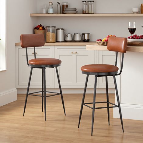 Taburetes de bar marrones, juego de 2, taburetes con respaldo y reposapiés, silla de bar para cocina y bar, piel sintética, patas de metal negro, estilo moderno, 65 cm de alto, silla de hogar (1/5)