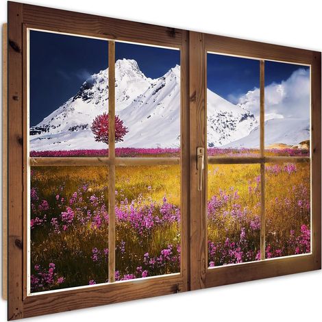 Tableau bois montagne enneigée - 90 x 60 cm (1/5)