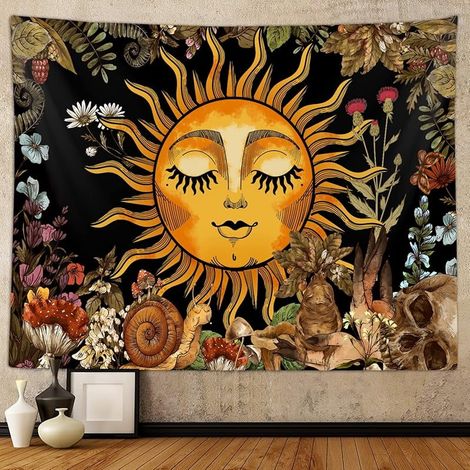 Tapestry Soleil - Motif Botanique Champignon Lune - Décoration Murale Chambre Salon Dortoir - 127 x 152 cm - 152 x 203 cm - 152 x 229 cm (1/3)