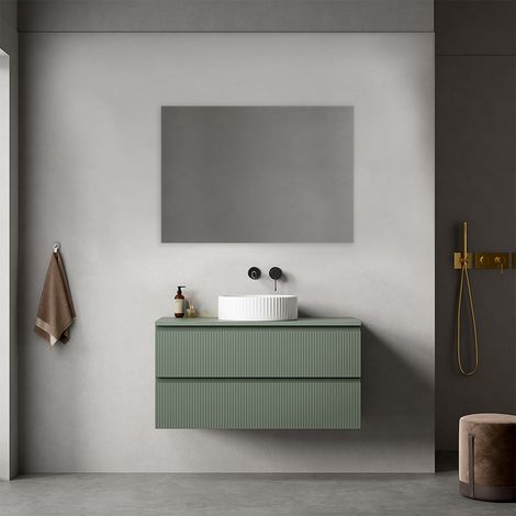 Mobile bagno sospeso cannettato 100 cm Verde Salvia per Lavabo d'appoggio Specchio Quadro - Fiji Paint Top Canneté (1/4)